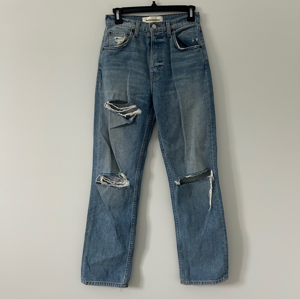 Reformation High Rise Cynthia Button Fly Relaxed Straight Leg Denim Blue Jean 25